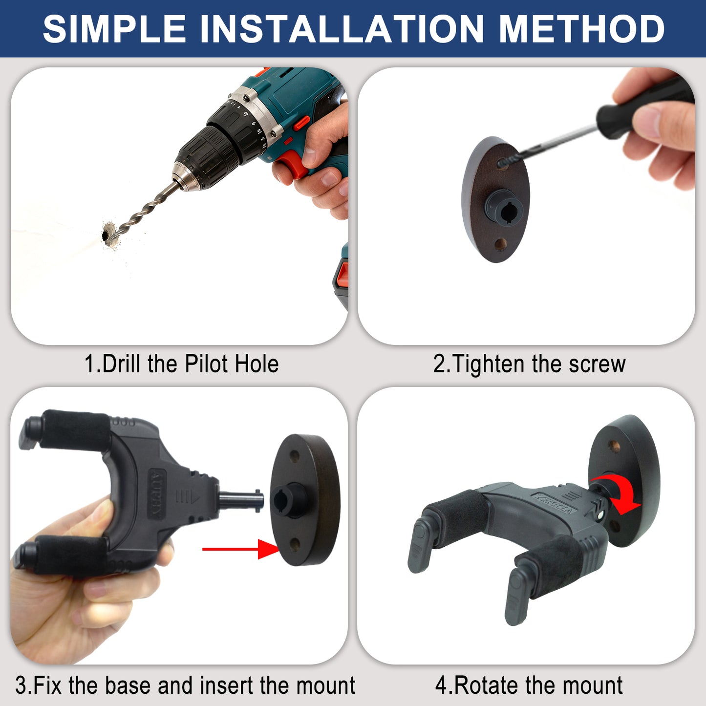 Guitar Wall Mount Auto Lock,Guitar Wall Holder with Nitro-Safe Velvet,Universal Compatibility for All Headstocks and Neck Widths Supports Acoustic, Electric, and Bass Guitars