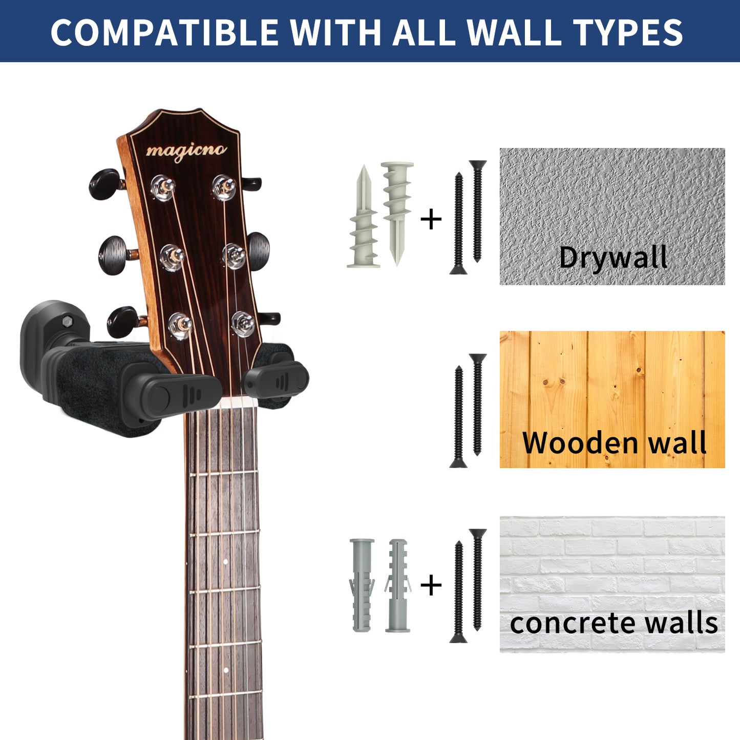 Guitar Wall Mount Auto Lock,Guitar Wall Holder with Nitro-Safe Velvet,Universal Compatibility for All Headstocks and Neck Widths Supports Acoustic, Electric, and Bass Guitars